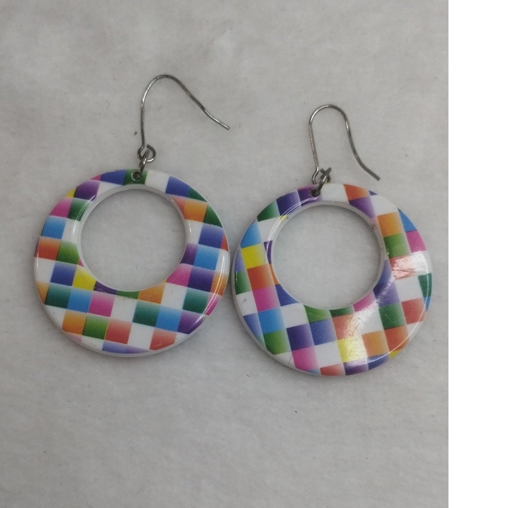 Multi Colorā Rainbow Checkerboard Round Drop Earrings Retro Mod Fishhook